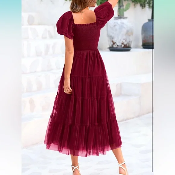 Smocked Tulle Midi Dress | 2025 Summer | Square Neck | Puffy Short Sleeve - Picture 3 of 7